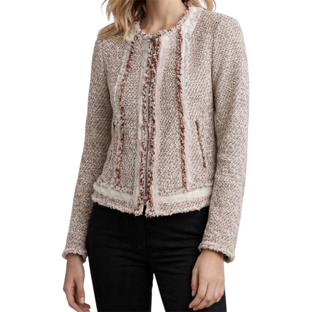 Rebecca Taylor Tweed Fringe Moto Jacket Full Zip Cotton Modern Round Neck Pink 6